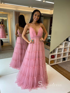 Chic A-line Spaghetti Straps Pink Prom Dresses Backless Long Evening Dress CBD040