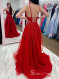 Chic A-line Spaghetti Straps Red Applique Long Prom Dresses Beautiful Evening Dresses MLH1224|Selinadress
