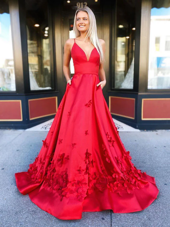Chic A-line Spaghetti Straps Red Prom Dress Long Applique V-neck Satin Evening Dress JKW219|Selinadress