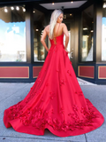 Chic A-line Spaghetti Straps Red Prom Dress Long Applique V-neck Satin Evening Dress JKW219|Selinadress