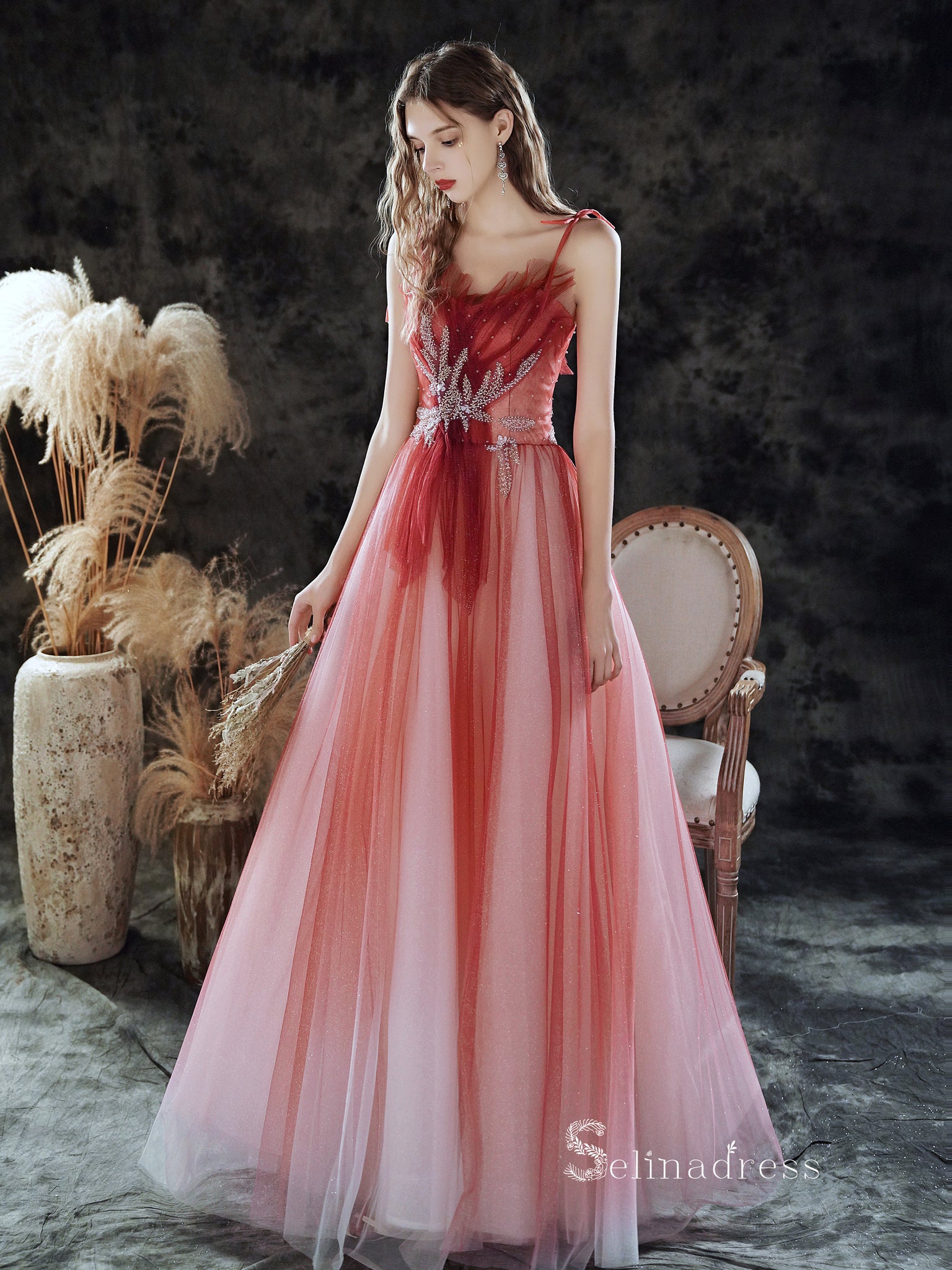 Ombre Red A-line Tulle Long Formal Dress – Dreamdressy