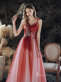 Chic A-line Spaghetti Straps Red Prom Dresses Cheap Long Evening Dress CBD095