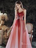 Chic A-line Spaghetti Straps Red Prom Dresses Cheap Long Evening Dress CBD095