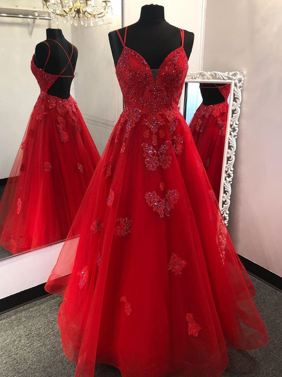 Chic A-line Spaghetti Straps Red Prom Dresses Long Beaded Formal Evening Gowns CBD022