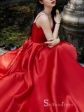 Chic A-line Spaghetti Straps Red Simple Long Prom Dresses Satin Evening Dresses MLH1225|Selinadress