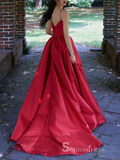Chic A-line Spaghetti Straps Red Simple Long Prom Dresses Satin Evening Dresses MLH1225|Selinadress
