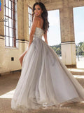 Chic A-line Spaghetti Straps Silver Long Prom Dresses Beaded Evening Dress CBD400|Selinadress