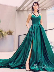 Chic A-line Spaghetti Straps Simple Long Prom Dresses Hunter Evening Dress CBD075