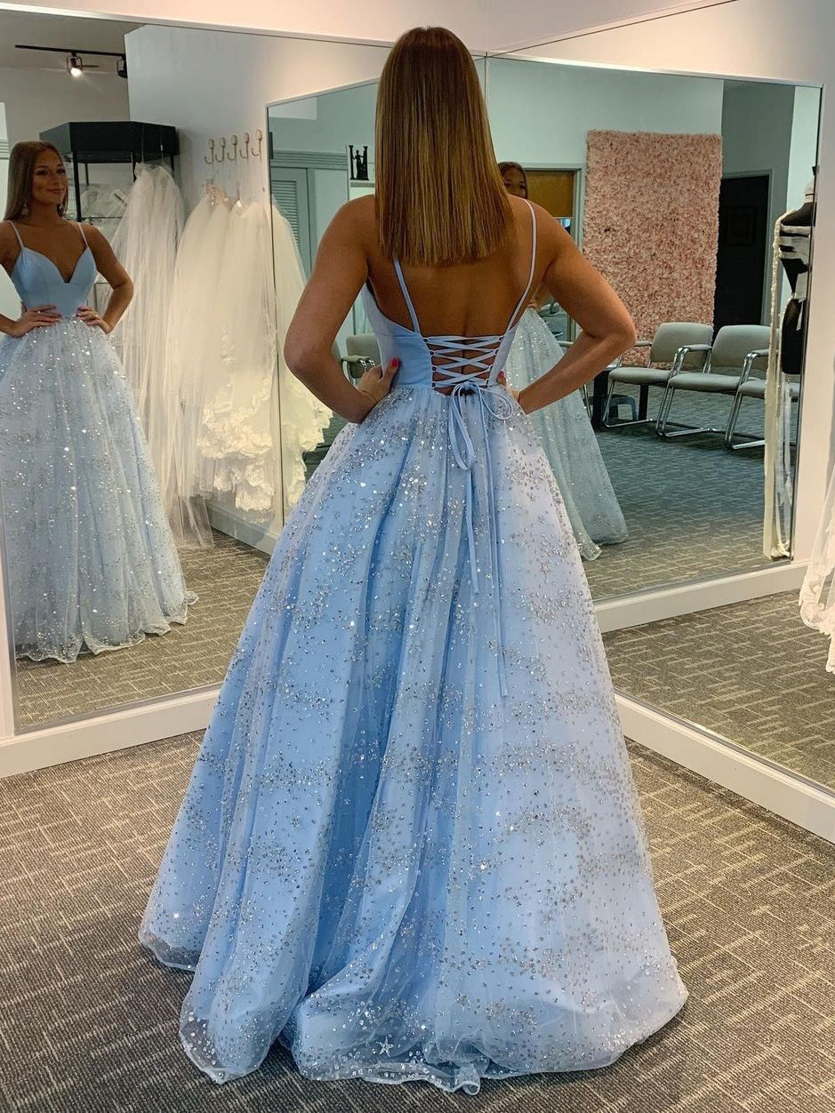 light blue prom dress sparkly Long Light Blue Prom Dress with Glitter Print Blue / XSmall
