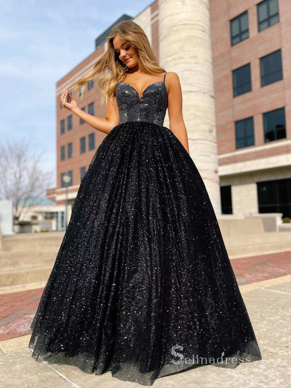 Chic A-line Spaghetti Straps Sparkly Long Prom Dresses Black Evening Dress MLK025|Selinadress