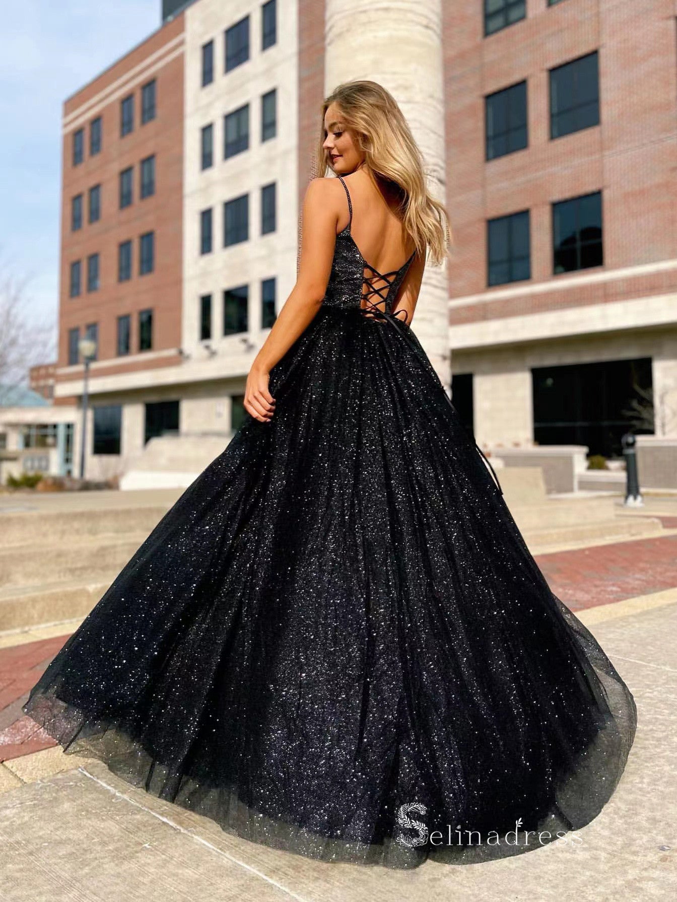 Chic A-line Spaghetti Straps Sparkly Long Prom Dresses Black Evening D SELINADRESS Chic A-line Spaghetti Straps Sparkly Long Prom Dresses Black Evening D SELINADRESS