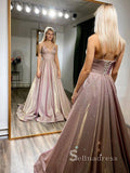 Chic A-line Spaghetti Straps Sparkly Long Prom Dresses Pink Evening Dress CBD063