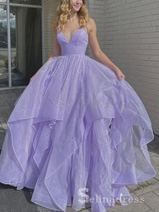 Chic A-line Spaghetti Straps Sparkly Prom Dresses Lilac Evening Dress CBD227