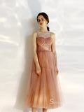 Chic A-line Spaghetti Straps Tea Length Prom Dresses Unique Formal Gowns CBD129|Selinadress