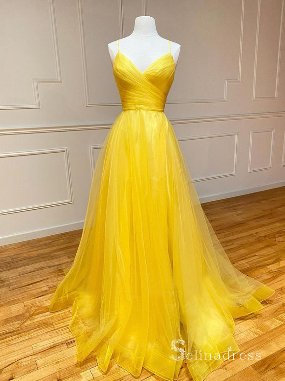 Chic A-line Spaghetti Straps Tulle Long Prom Dresses Cheap Evening Dress CBD375|Selinadress