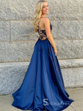 Chic A-line Spaghetti Straps Unique Long Prom Dresses Lace Evening Dresses MLH1248