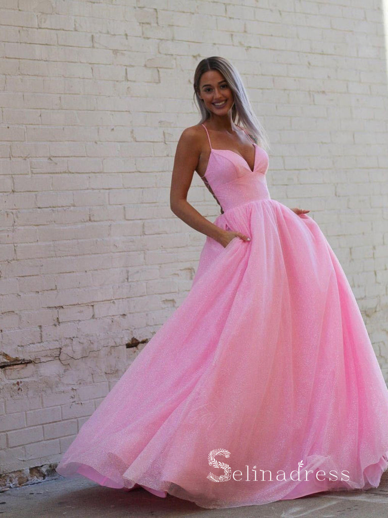Chic A-line Spaghetti Straps Unique Long Prom Dresses Pink Evening Dre SELINADRESS Chic A-line Spaghetti Straps Unique Long Prom Dresses Pink Evening Dre SELINADRESS