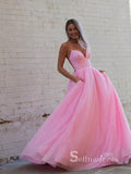 Chic A-line Spaghetti Straps Unique Long Prom Dresses Pink Evening Dress CBD072