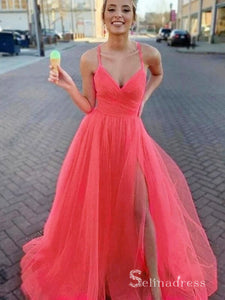 Chic A-line Spaghetti Straps Watermelon Long Prom Dresses Cheap Evening Dress MHL167|Selinadress