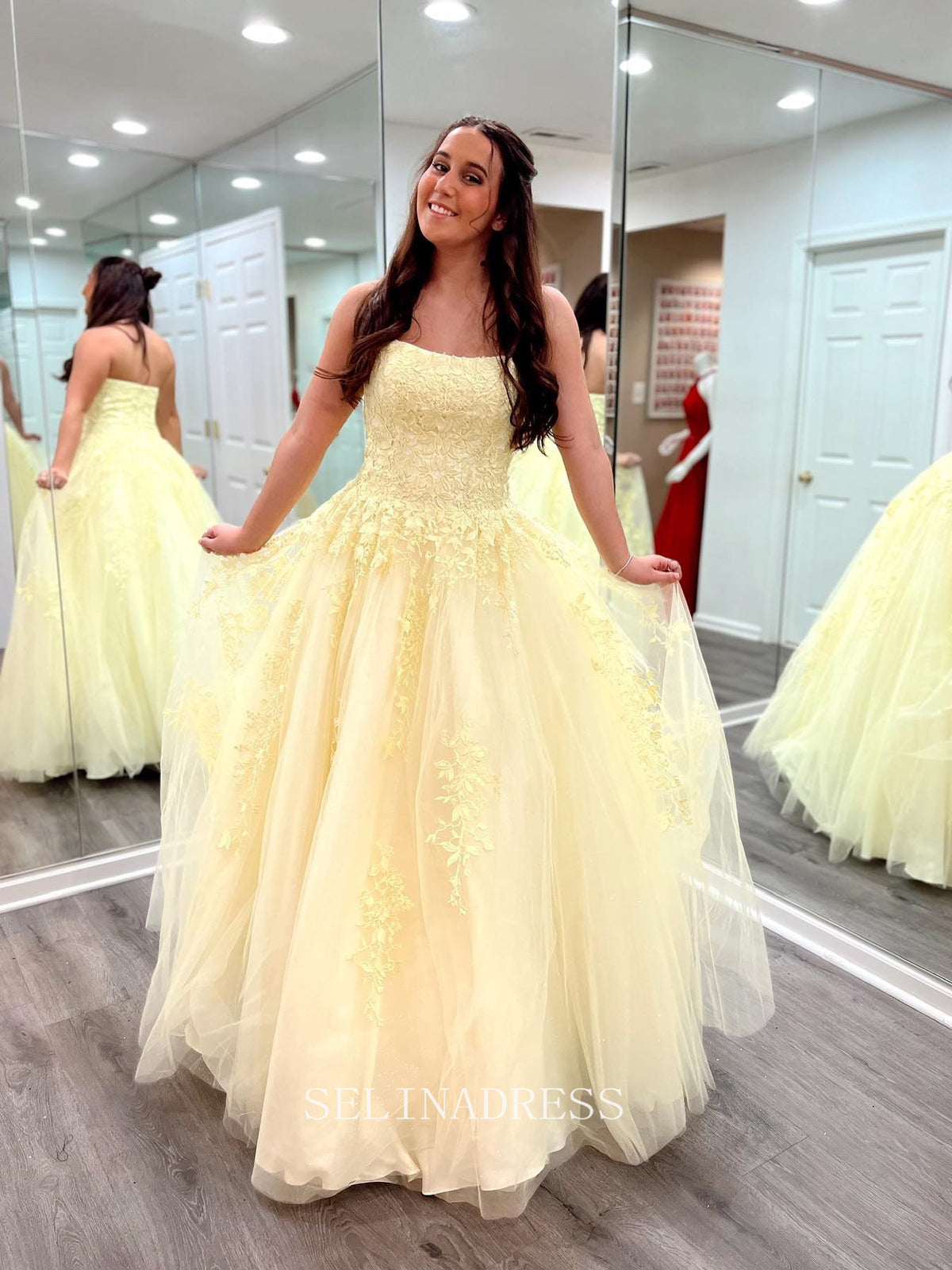 Chic A-Line Spaghetti Straps Yellow Lace Prom Dress Elegant Party Dres – SELINADRESS Chic A-Line Spaghetti Straps Yellow Lace Prom Dress Elegant Party Dres – SELINADRESS