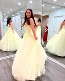 Chic A-Line Spaghetti Straps Yellow Lace Prom Dress Elegant Party Dress #LOP002|Selinadress