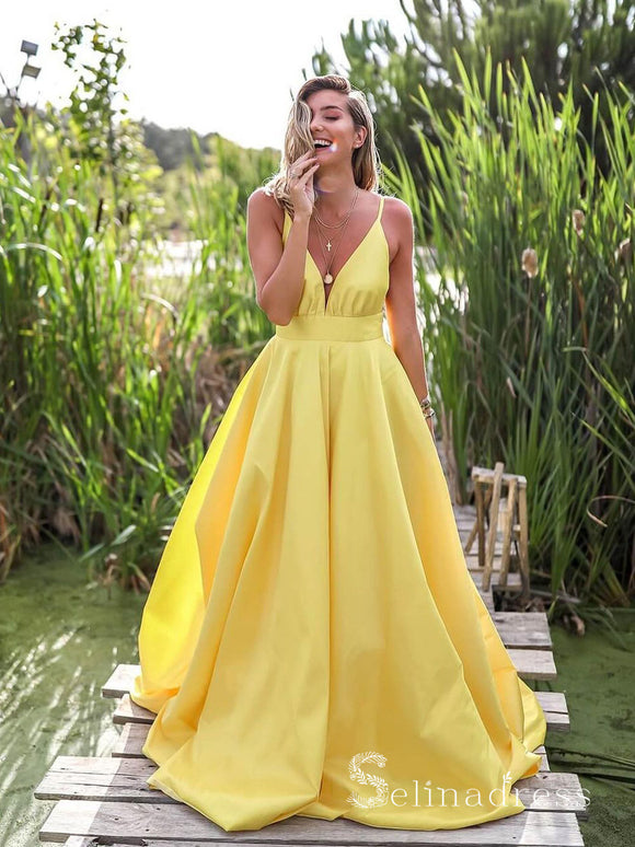 Chic A-line Spaghetti Straps Yellow Long Prom Dresses Satin Evening Gowns CBD291