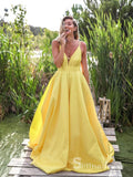 Chic A-line Spaghetti Straps Yellow Long Prom Dresses Satin Evening Gowns CBD291