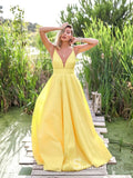 Chic A-line Spaghetti Straps Yellow Long Prom Dresses Satin Evening Gowns CBD291|Selinadress