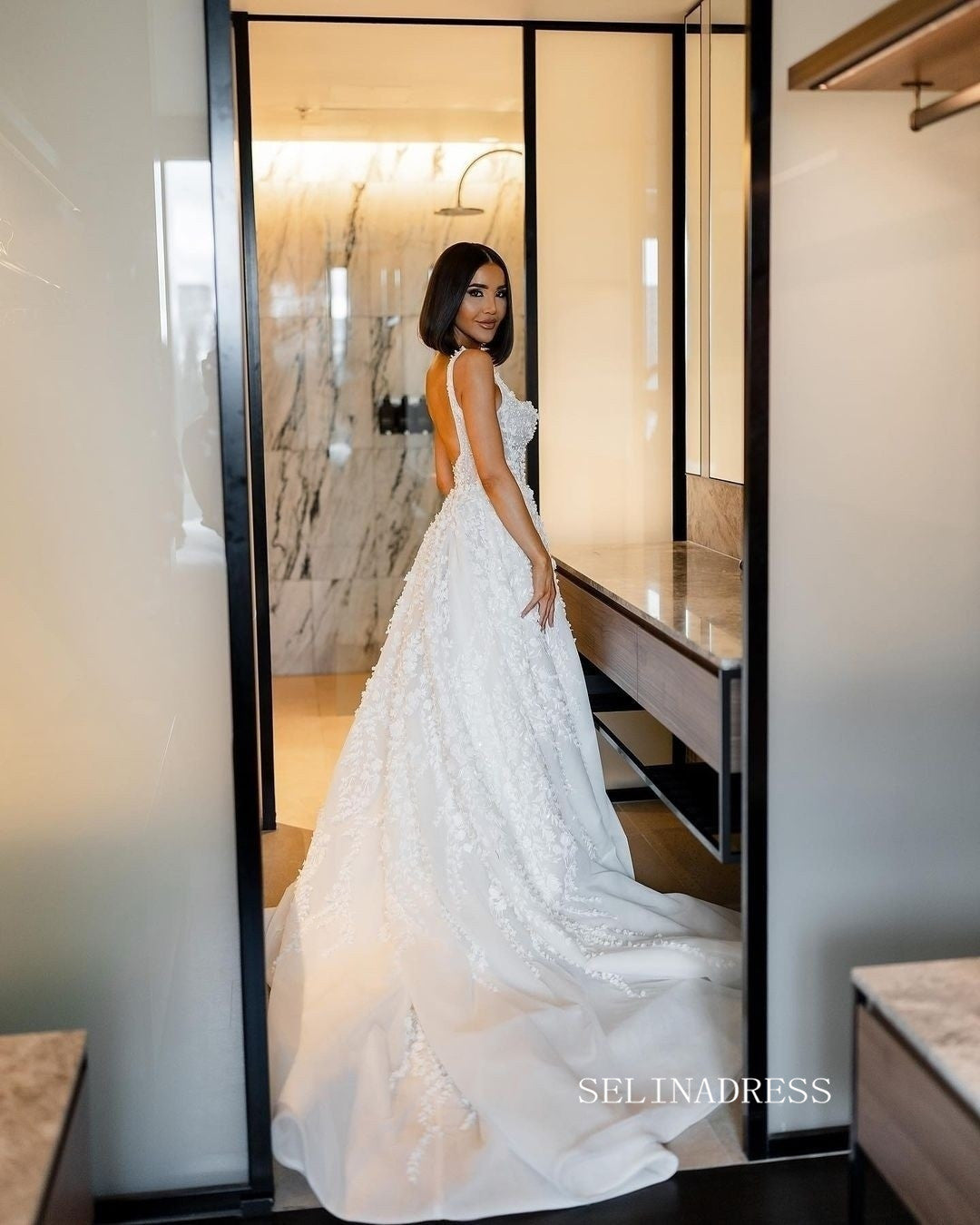 Chic A-line Square Neck 3D Floral Lace Wedding Dress Beaded Rustic Bri SELINADRESS Chic A-line Square Neck 3D Floral Lace Wedding Dress Beaded Rustic Bri SELINADRESS