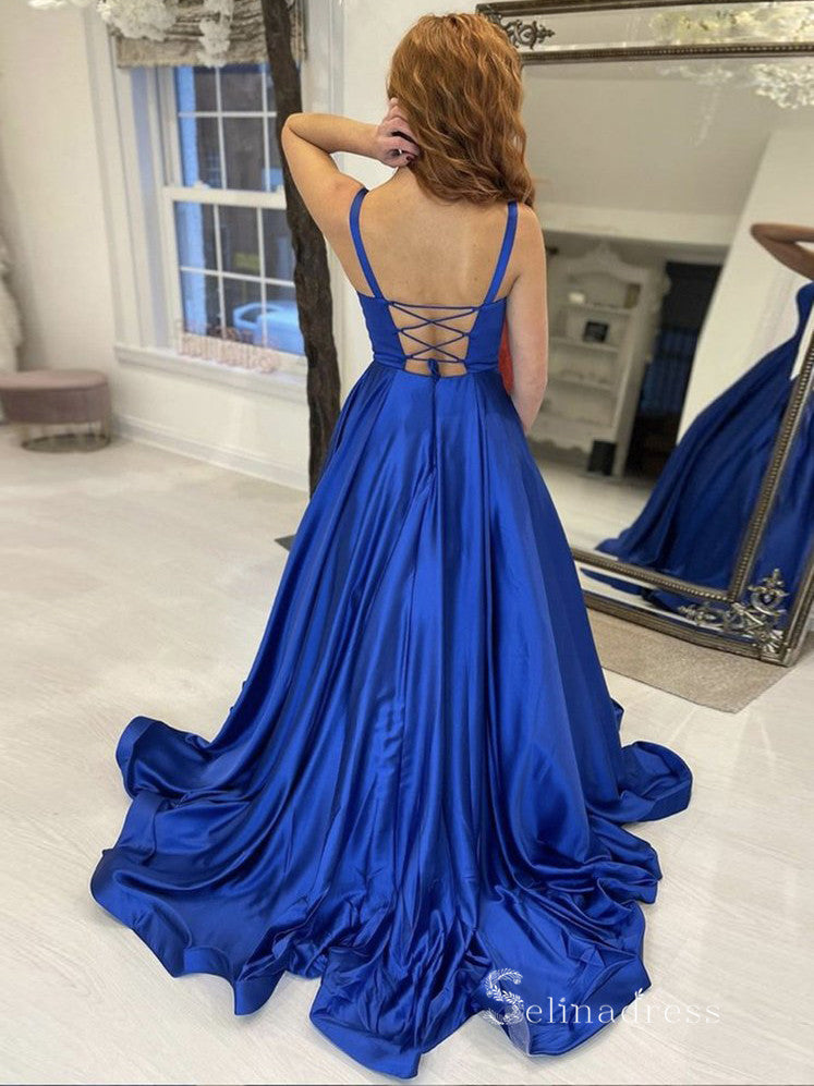 Chic A-line Square Royal Blue Long Prom Dresses Satin Evening Gowns CB SELINADRESS Chic A-line Square Royal Blue Long Prom Dresses Satin Evening Gowns CB SELINADRESS