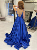 Chic A-line Square Royal Blue Long Prom Dresses Satin Evening Gowns CBD583