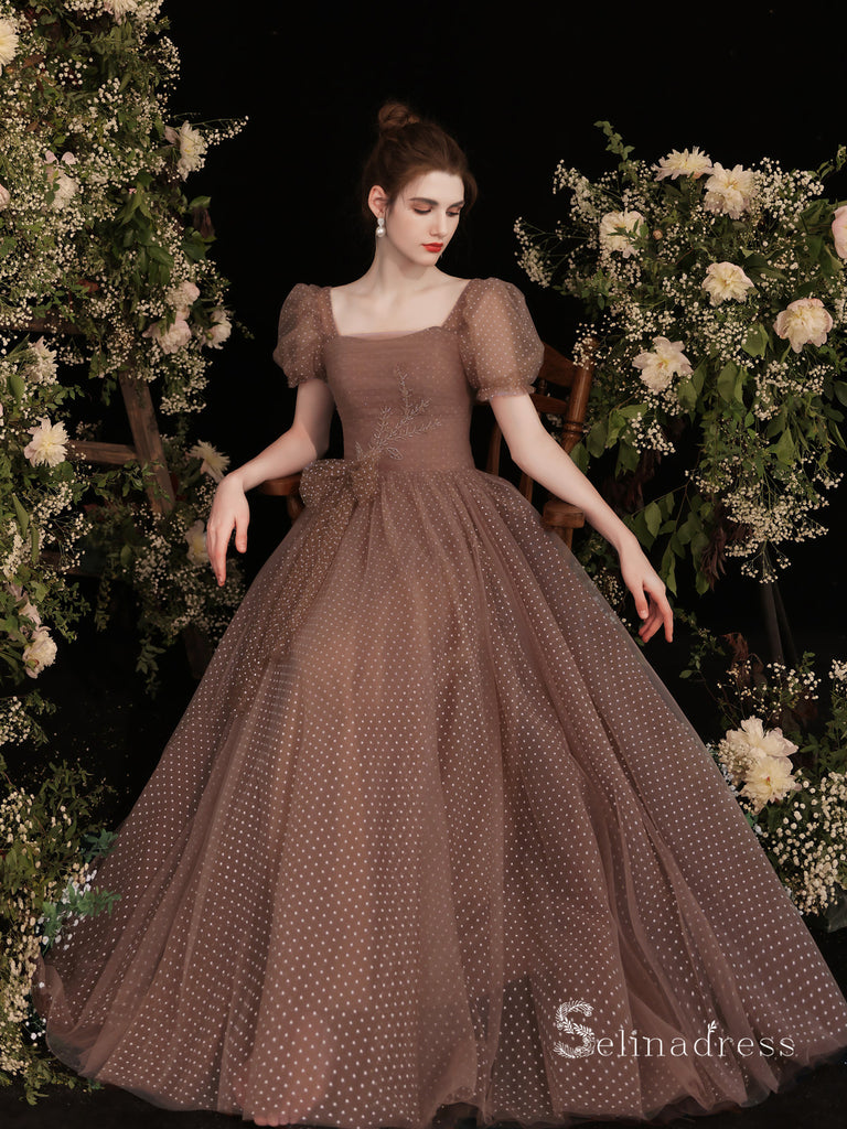 Chic A-line Square Short Sleeve Prom Dress Brown Evening Gowns MHL2874 SELINADRESS Chic A-line Square Short Sleeve Prom Dress Brown Evening Gowns MHL2874 SELINADRESS