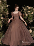 Chic A-line Square Short Sleeve Prom Dress Brown Evening Gowns MHL2874|Selinadress