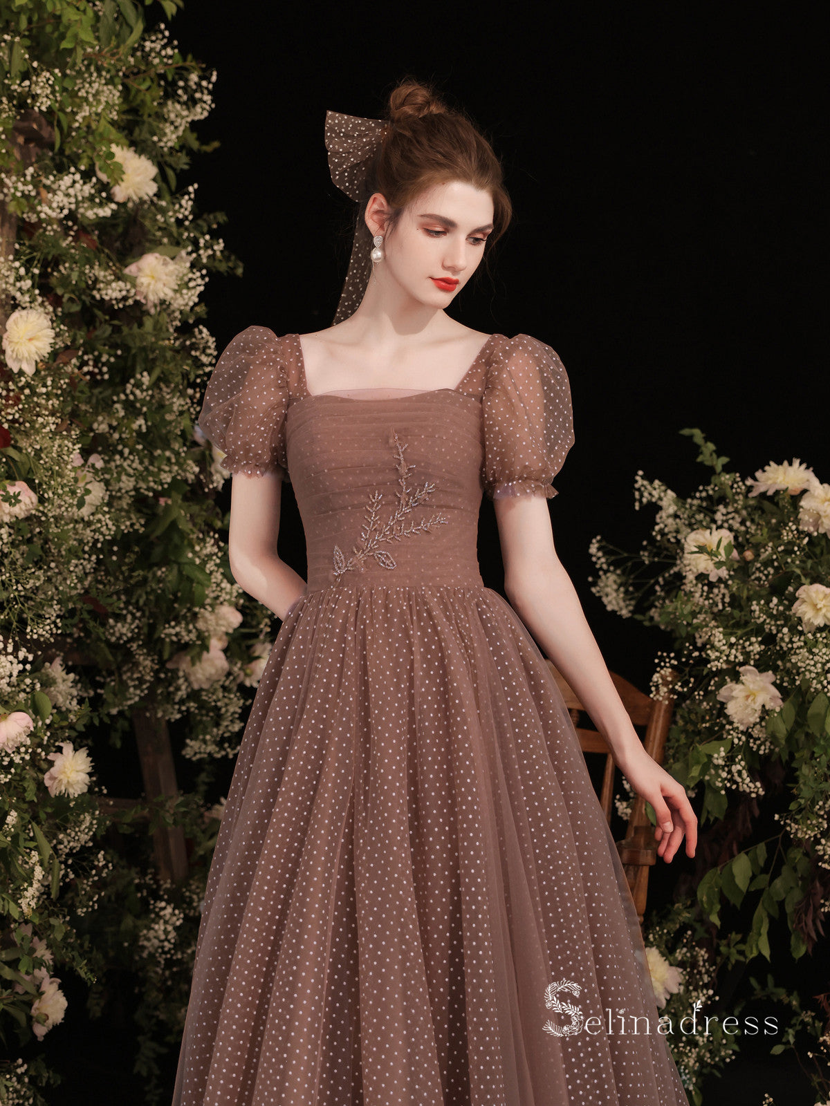 Chic A-line Square Short Sleeve Prom Dress Brown Evening Gowns MHL2874 SELINADRESS Chic A-line Square Short Sleeve Prom Dress Brown Evening Gowns MHL2874 SELINADRESS