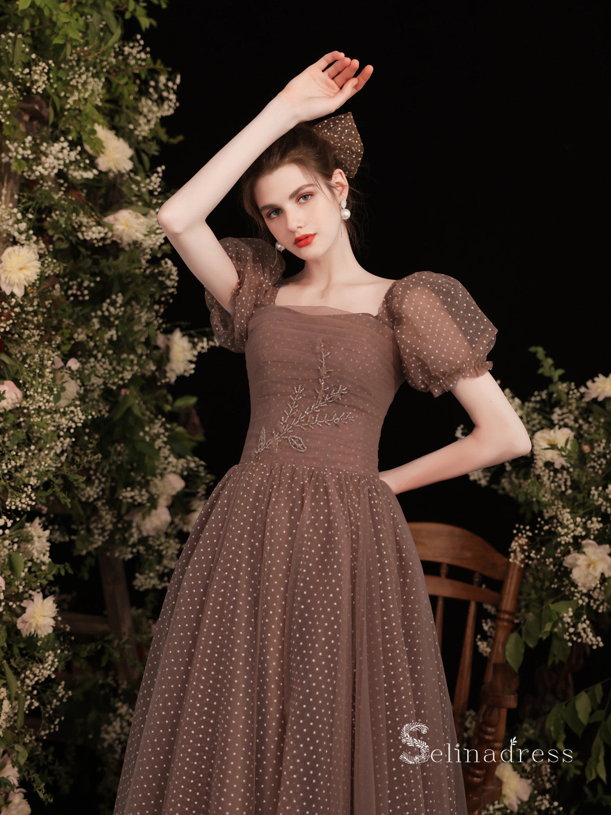 Chic A-line Square Short Sleeve Prom Dress Brown Evening Gowns MHL2874 Chic A-line Square Short Sleeve Prom Dress Brown Evening Gowns MHL2874