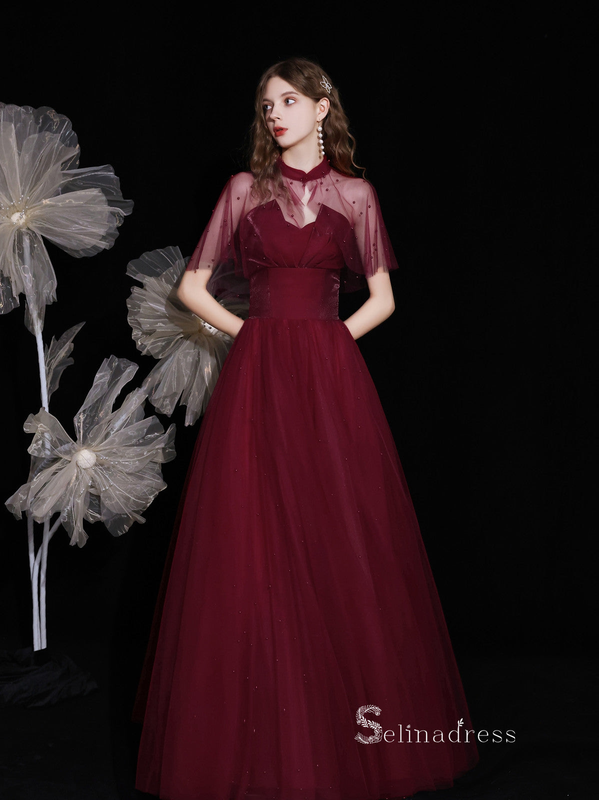 Chic A-line Straples Burgundy Unique Long Prom Dresses Detachable shaw SELINADRESS Chic A-line Straples Burgundy Unique Long Prom Dresses Detachable shaw SELINADRESS