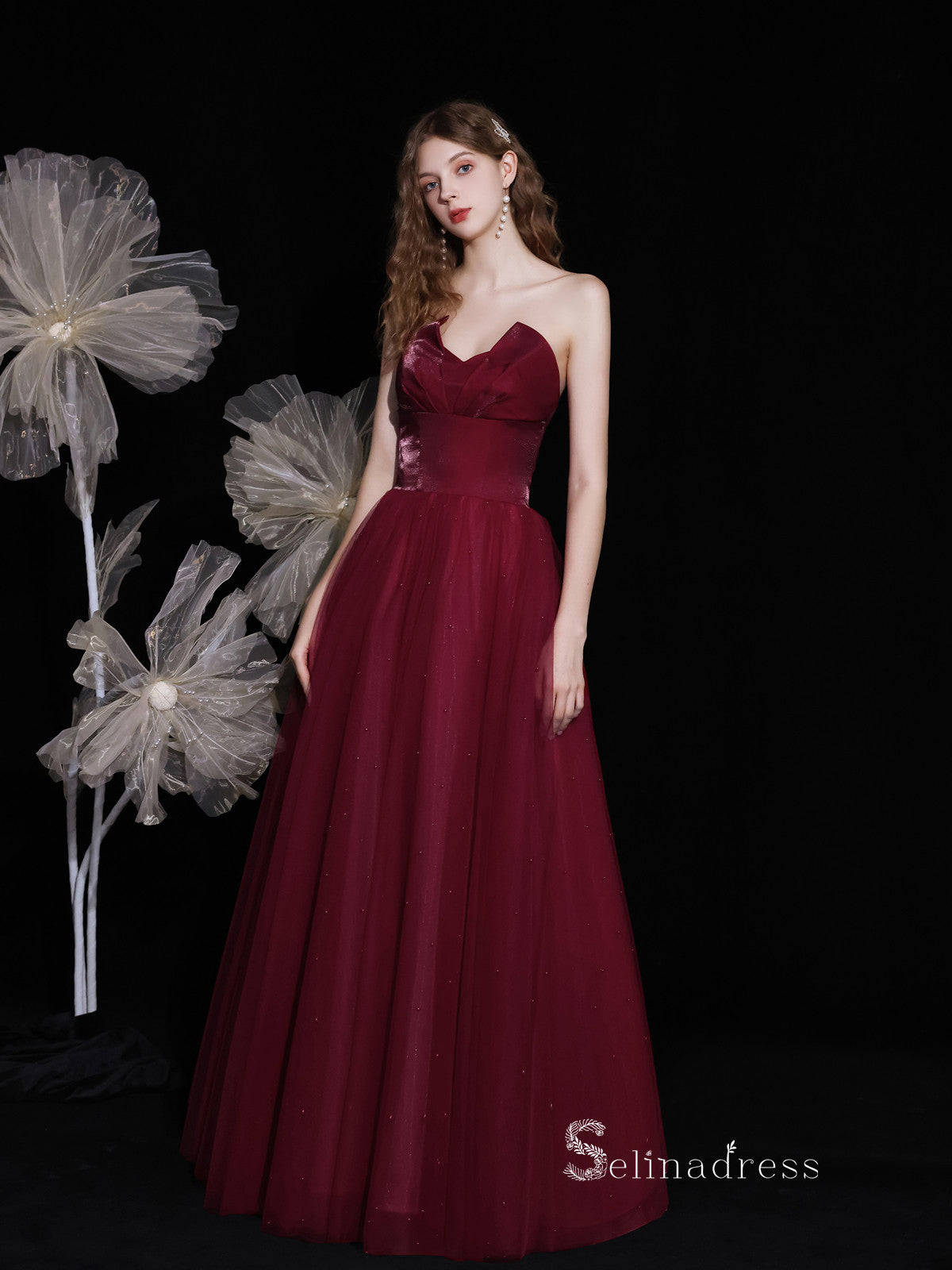 Chic A-line Straples Burgundy Unique Long Prom Dresses Detachable shaw SELINADRESS Chic A-line Straples Burgundy Unique Long Prom Dresses Detachable shaw SELINADRESS