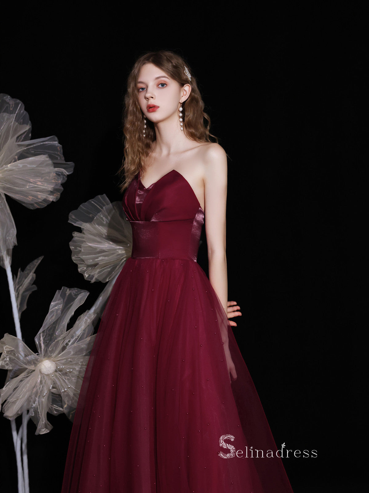 Chic A-line Straples Burgundy Unique Long Prom Dresses Detachable shaw SELINADRESS Chic A-line Straples Burgundy Unique Long Prom Dresses Detachable shaw SELINADRESS