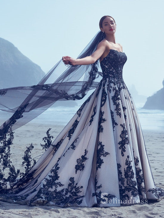 Chic A-line Strapless Applique Lace Black Wedding Dresses MLK0487 SELINADRESS Chic A-line Strapless Applique Lace Black Wedding Dresses MLK0487 SELINADRESS