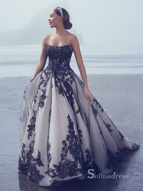 Chic A-line Strapless Applique Lace Black Wedding Dresses MLK0487 - Us Size 2 / Black Over Champagne Chic A-line Strapless Applique Lace Black Wedding Dresses MLK0487 - Us Size 2 / Black Over Champagne