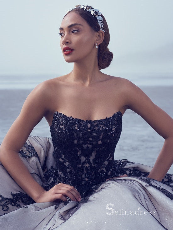 Chic A-line Strapless Applique Lace Black Wedding Dresses MLK0487 SELINADRESS Chic A-line Strapless Applique Lace Black Wedding Dresses MLK0487 SELINADRESS
