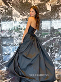Chic A-line Strapless Black Long Prom Dress Taffeta Elegant Evening Dress #OPW009|Selinadress