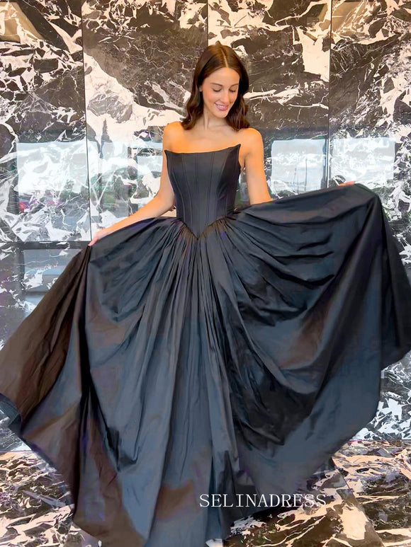 Chic A-line Strapless Black Long Prom Dress Taffeta Elegant Evening Dress #OPW009|Selinadress