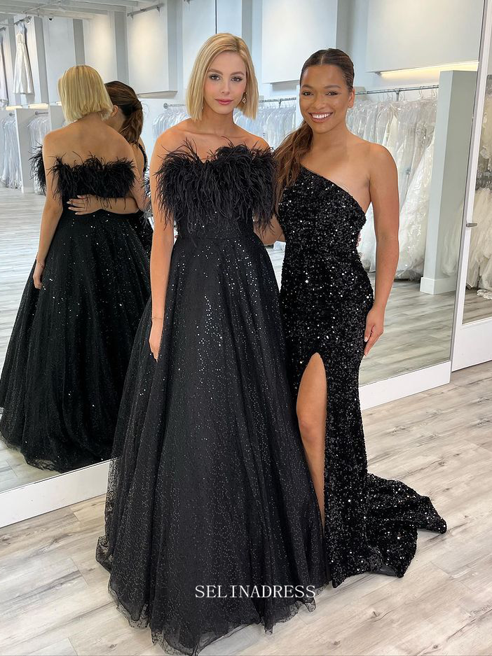 Chic A-line Strapless Black Long Prom Dresses Feather Evening Gowns Pa – SELINADRESS