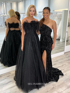 Chic A-line Strapless Black Long Prom Dresses Feather Evening Gowns Pageant Dress TKL061|Selinadress