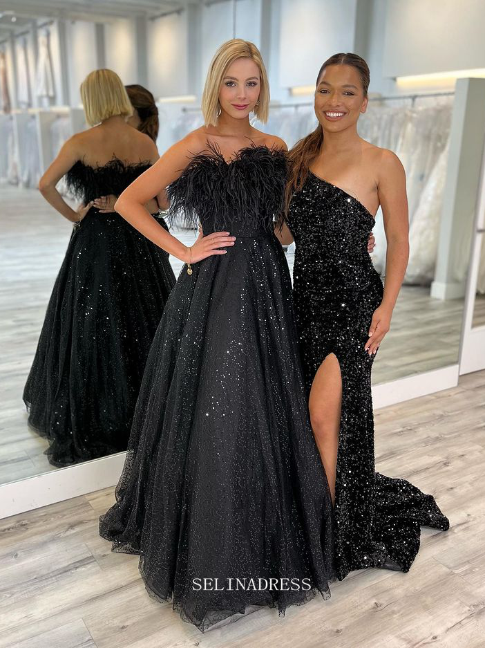 Chic A-line Strapless Black Long Prom Dresses Feather Evening Gowns Pa SELINADRESS Chic A-line Strapless Black Long Prom Dresses Feather Evening Gowns Pa SELINADRESS
