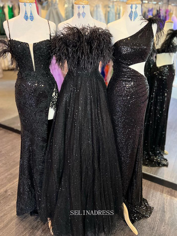 Chic A-line Strapless Black Long Prom Dresses Feather Evening Gowns Pa SELINADRESS Chic A-line Strapless Black Long Prom Dresses Feather Evening Gowns Pa SELINADRESS