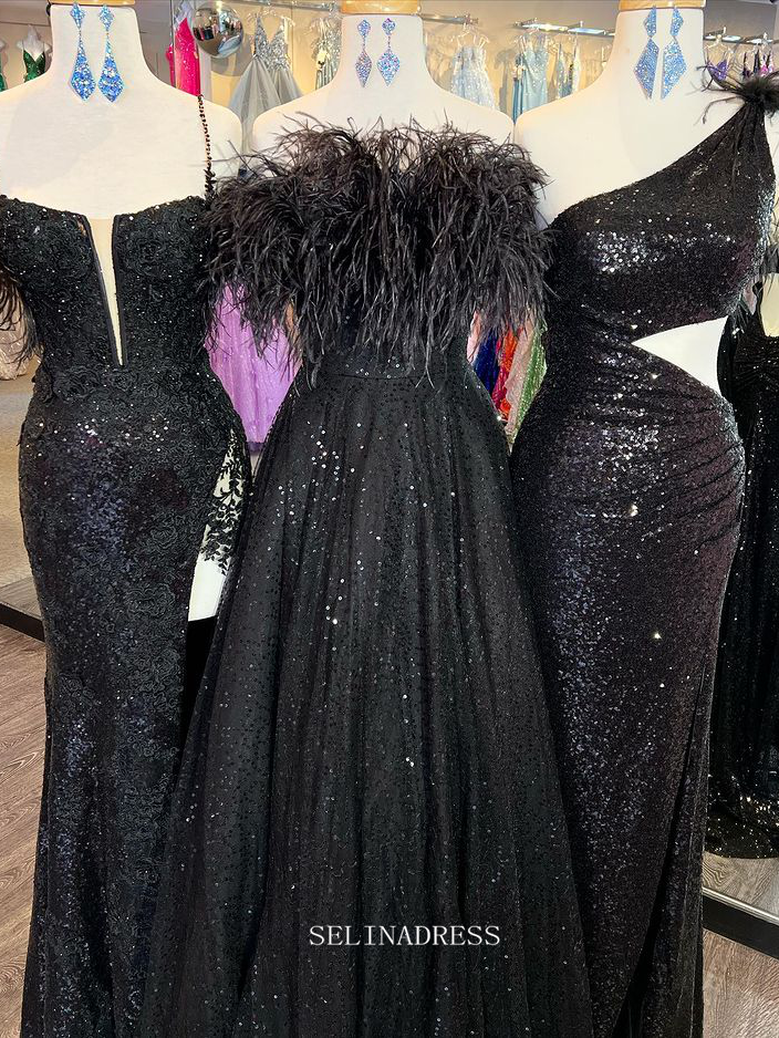 Chic A-line Strapless Black Long Prom Dresses Feather Evening Gowns Pa SELINADRESS Chic A-line Strapless Black Long Prom Dresses Feather Evening Gowns Pa SELINADRESS