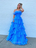 Chic A-line Strapless Blue Lyered Long Prom Dress Elegant Party Dress #lop241|Selinadress