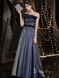 Chic A-line Strapless Dark Navy Long Prom Dresses Unique Formal Gowns CBD199|Selinadress